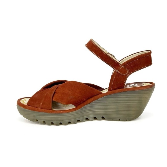 Fly London Yesh Wedge Sandals Knotted Strap Brick Rust Nubuck Leather Size 9-9.5 - Picture 5 of 13
